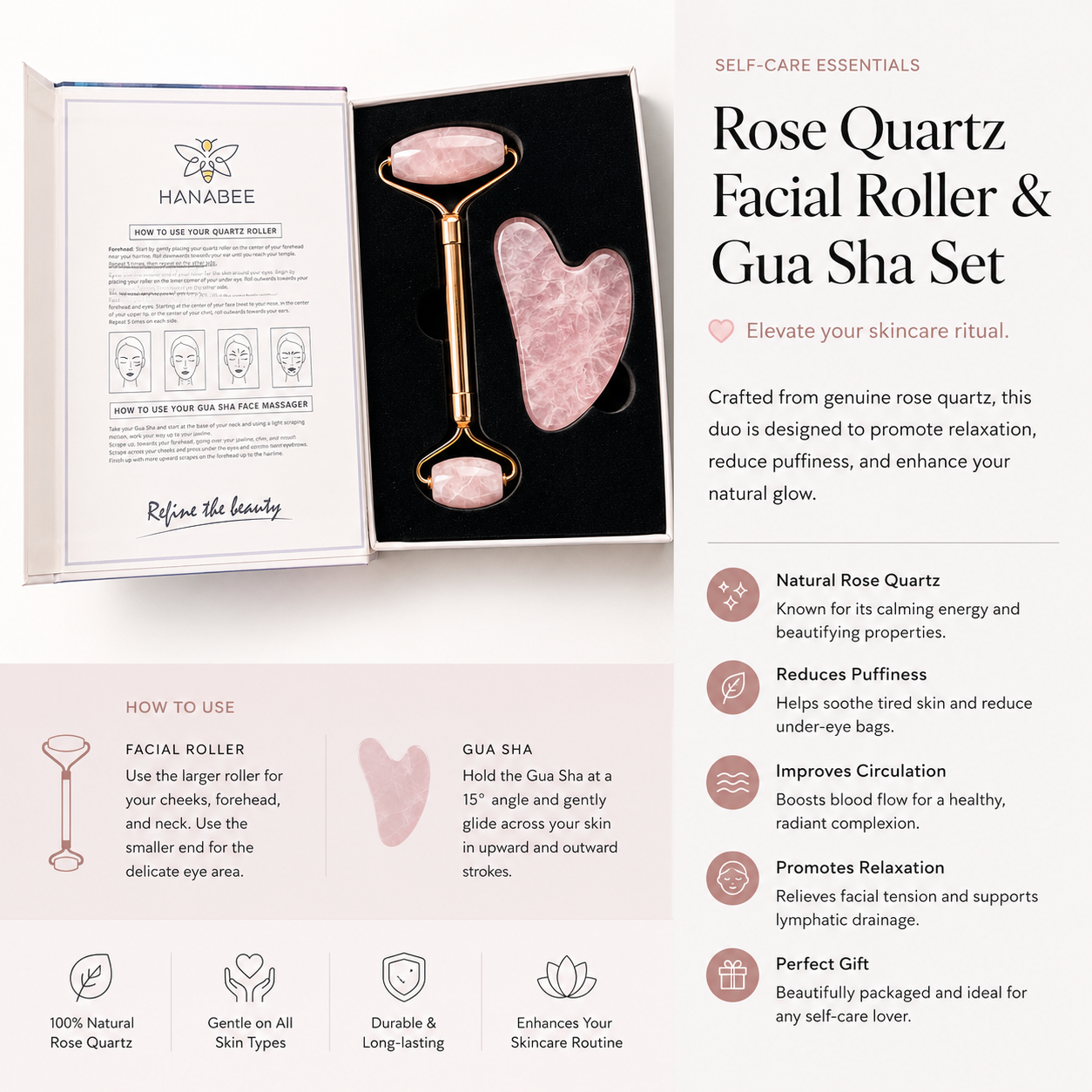 Rose Quartz Facial Roller & Gua Sha Set